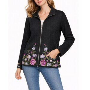 Alexandra Bartlett Women's Black Floral Embroidered Pure Wool Jacket Size XL